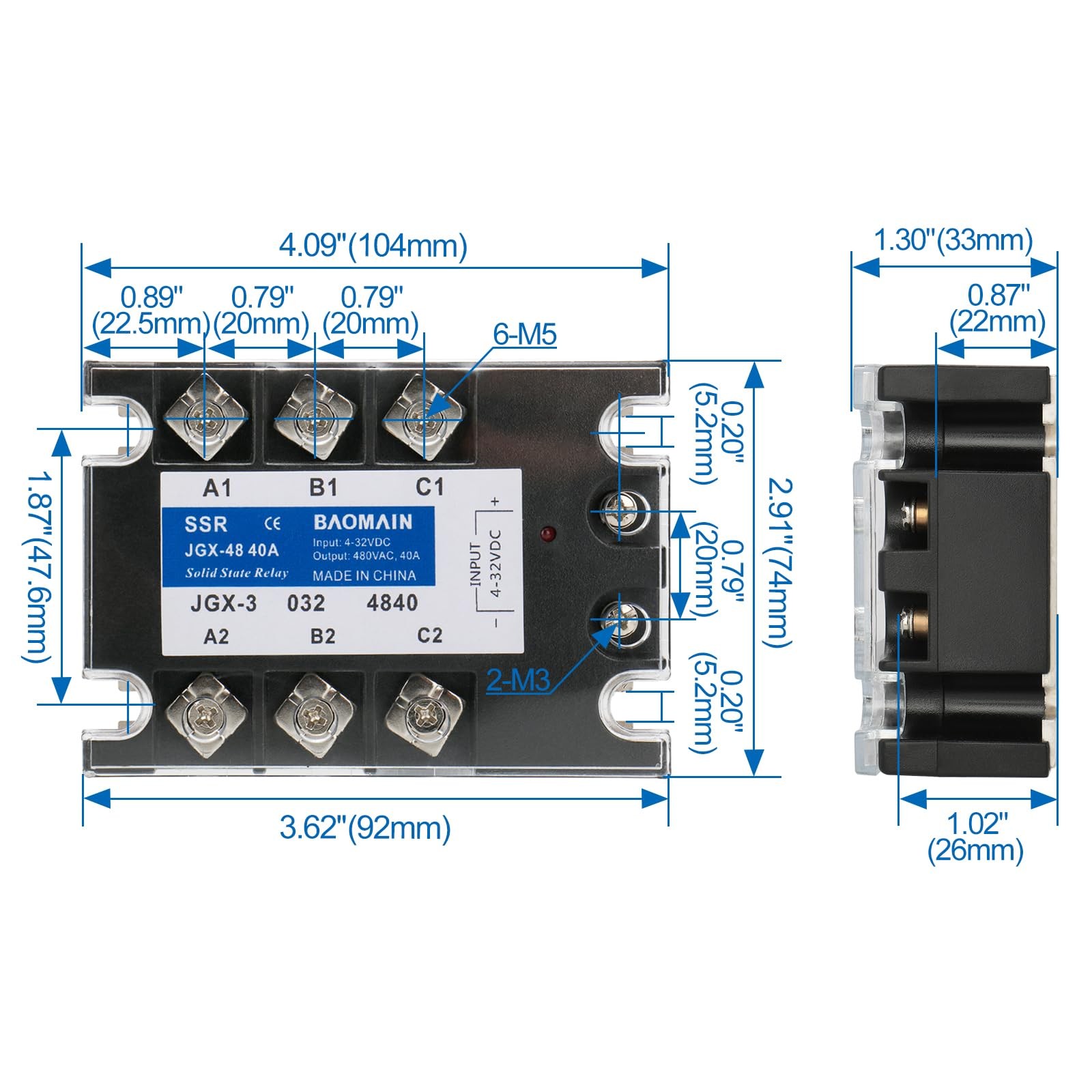 3 Phase Solid State Relay JGX3340A 432 VDC Input 480VAC 40 Amp Output