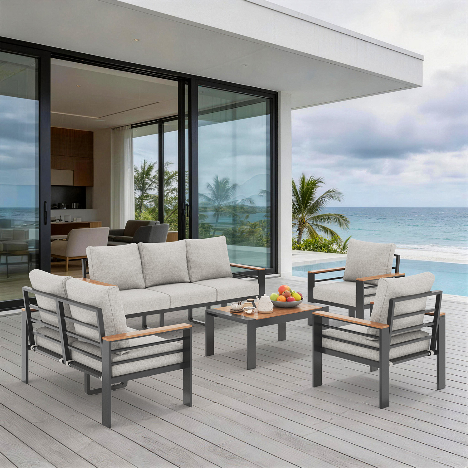 5-Piece Gray Exposed Tube Patio Sofa Set 2 Single&Double&Triple&Table