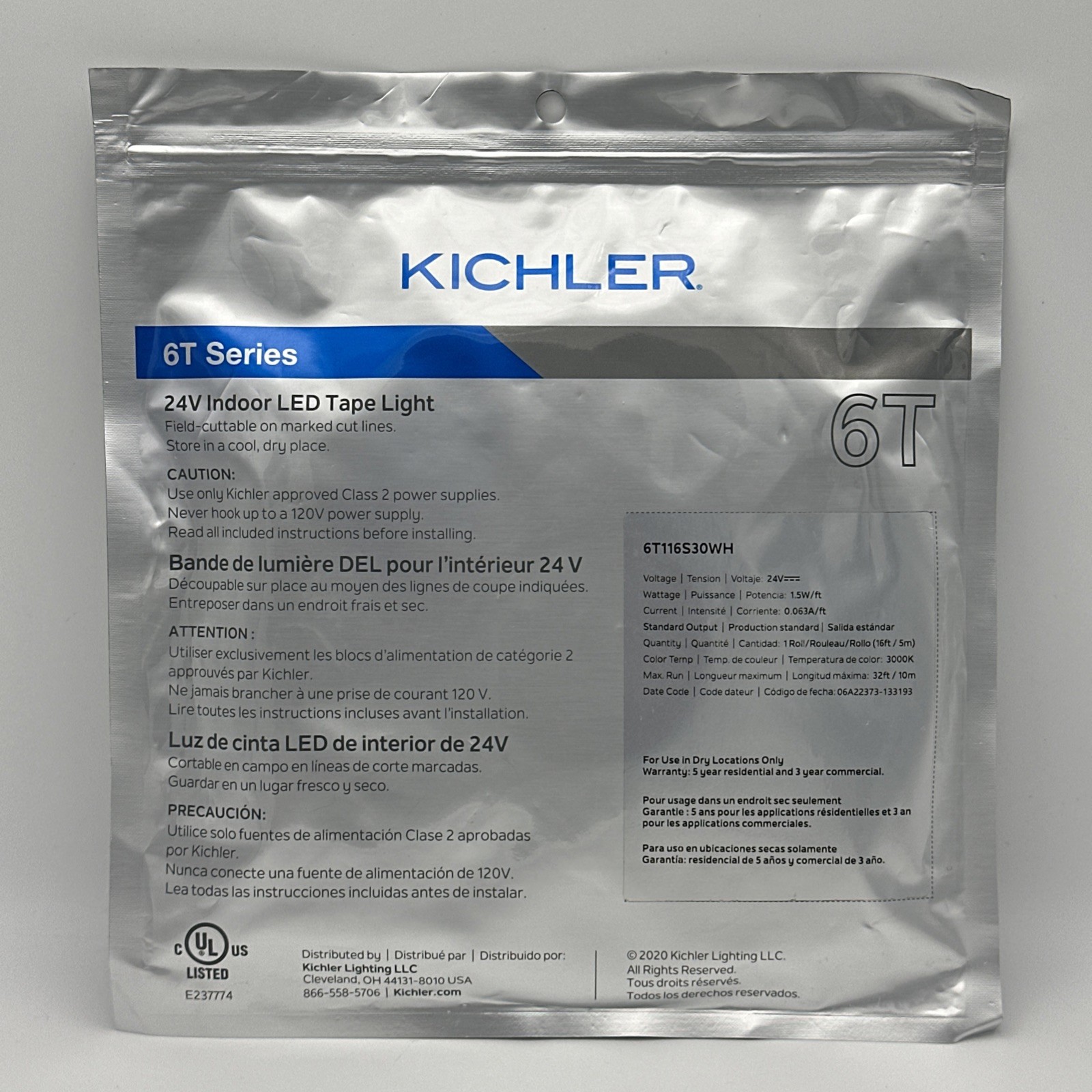 Kichler Lighting 6T116S30WH 6Tl Series - 24V 3000K Indoor LED Tape Light - 16 Ft
