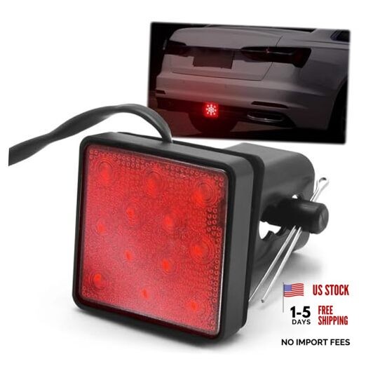 Trailer Hitch Cover w/Trailer Adapter Hitch Pin Square Brake Tail Light Red