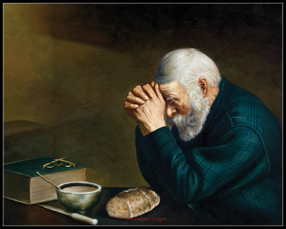 Praying at Dinner - Counted Cross Stitch Patterns - Color & BW Symbols Charts