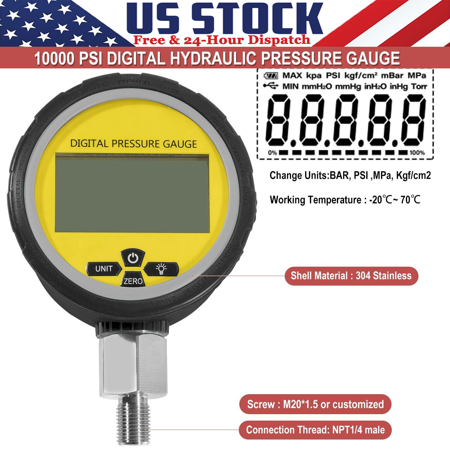 Digital Hydraulic Pressure Gauge 10000PSI with 1/4-Inch NPT Connector (Black)