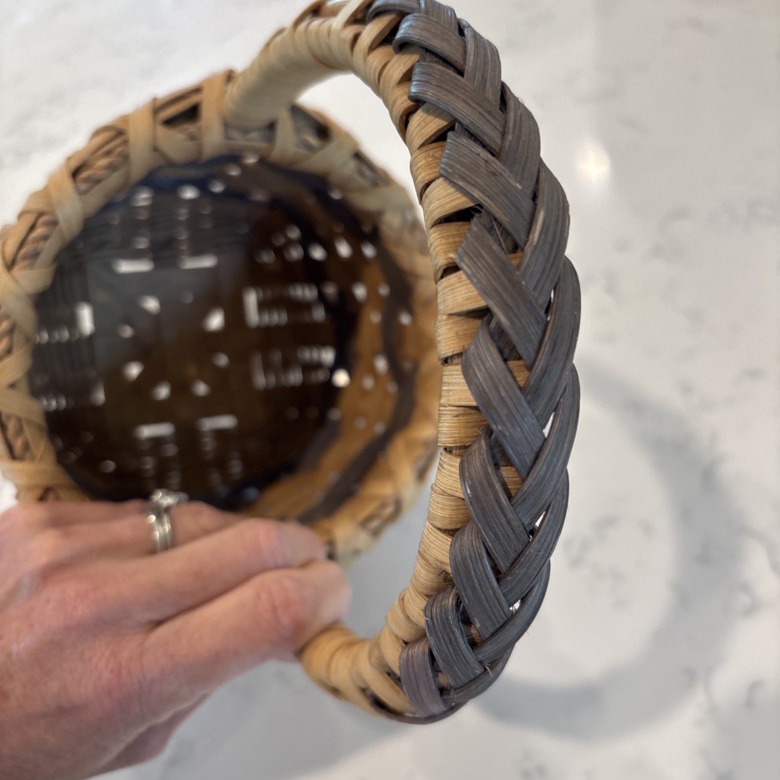Vintage Split Oak Basket 2 Tone Braided Handle Twisted Woven Pattern Signed Date