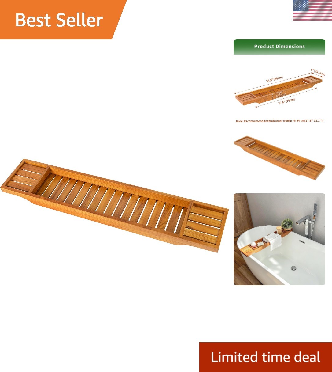 Non-Expandable Teak Bathtub Tray, 33.8" x 6" x 1.8" | Bath Tub Wood Table for...