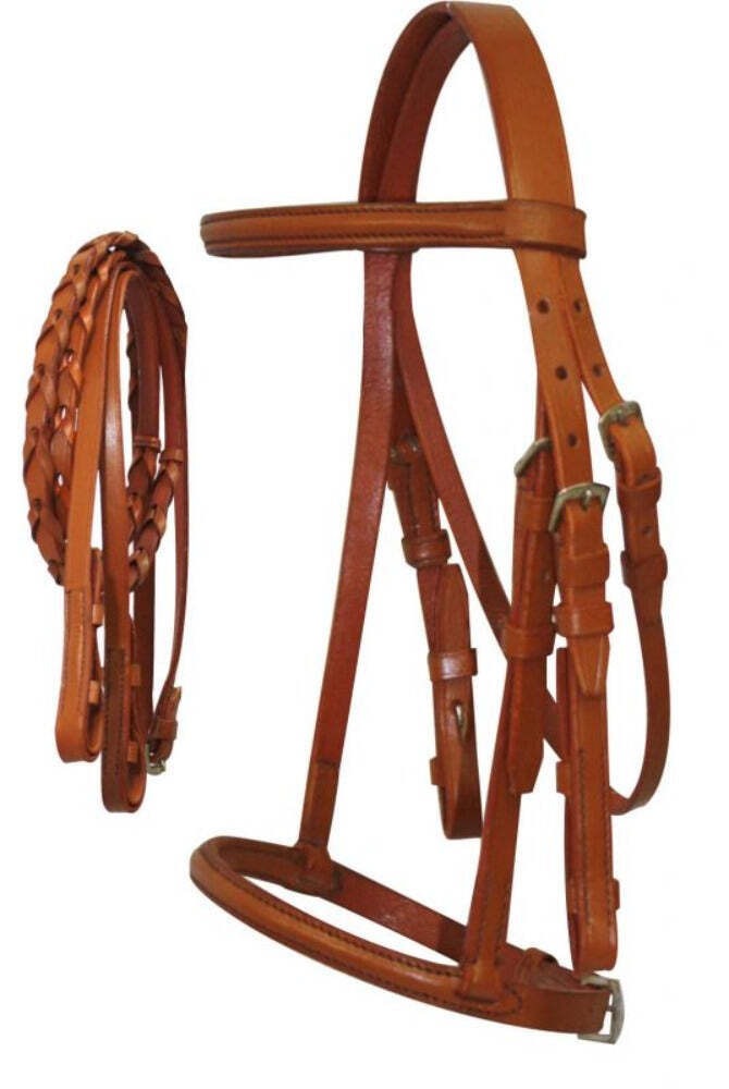 New! ENGLISH HEADSTALL w/ Raised browband Braided leather reins 4 SIZES 3 COLORS