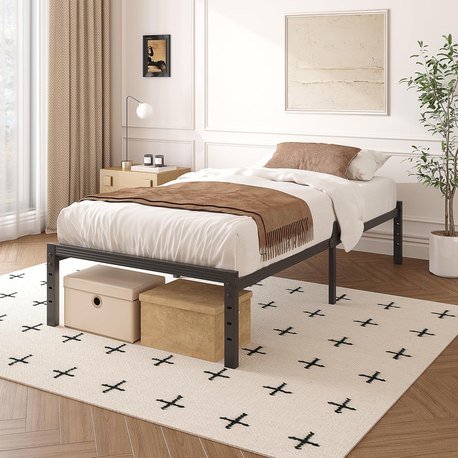 18" Metal Platform Twin XL Bed Frame with Grid Structure | Spacious Under Bed
