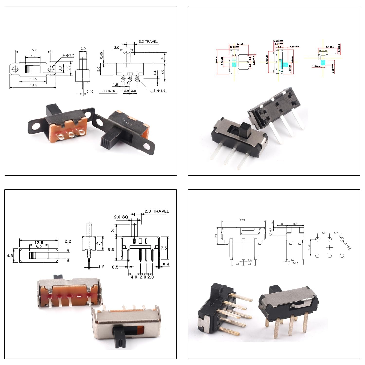 Slide Switch Assorted Kit, Mini Micro PCB Panel Slide Switch 2Pin 3Pin 4Pin ON/O