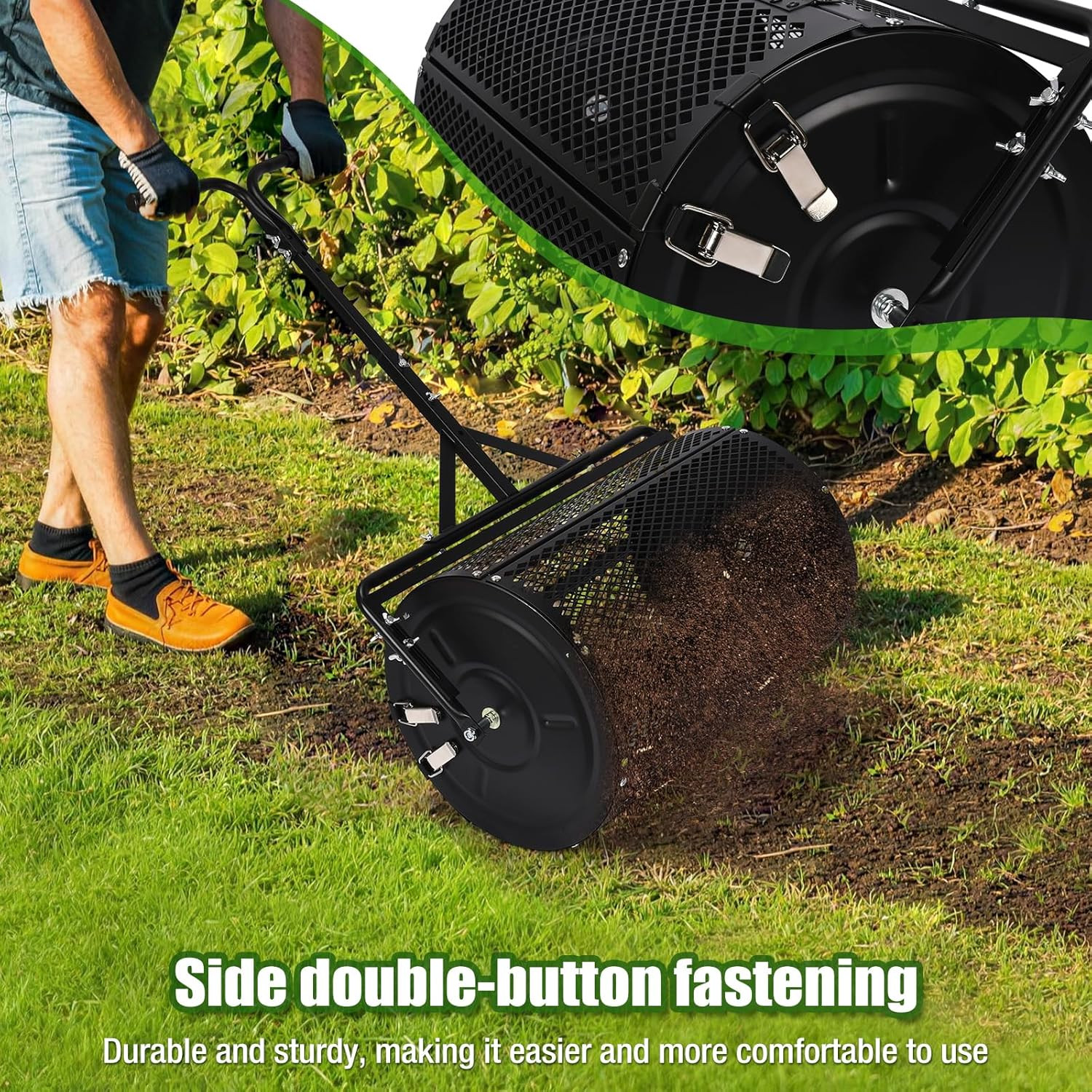 24 Inch Compost Spreader & Lawn Roller, Featuring One Mesh Roller and One 23 Gal