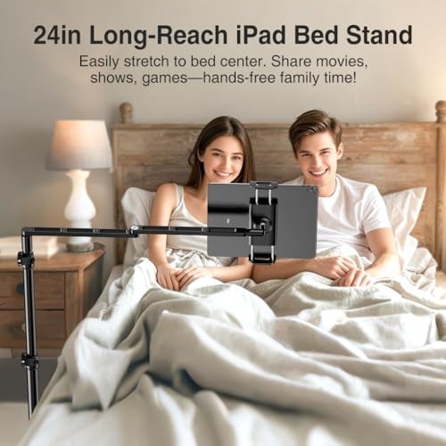 Adjustable Tablet Floor Stand with Heavy Duty Base, Side-Clamp Tablet Holder