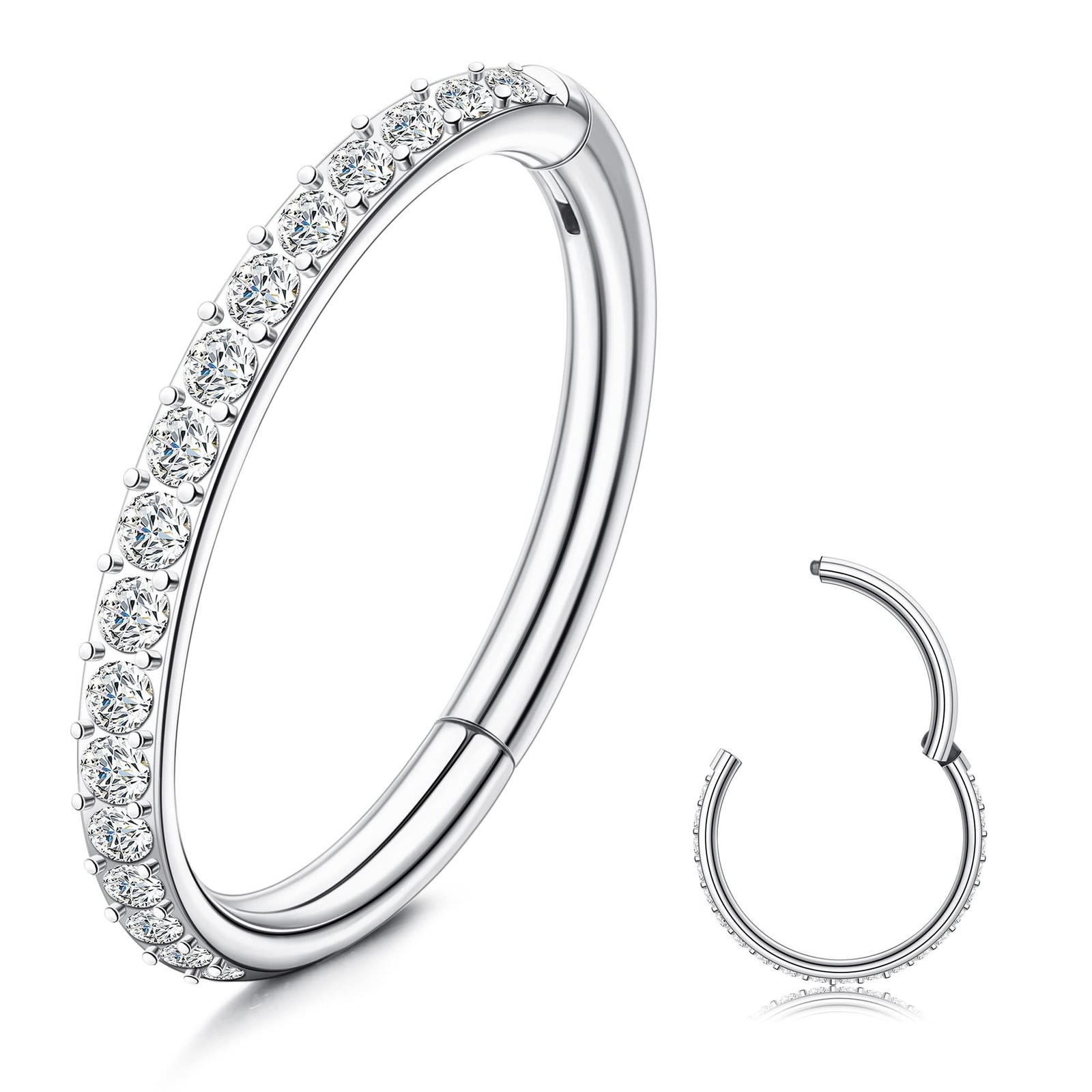 SAILIMUE G23 Titanium CZ Nose Rings Hoop for Women 18G 16G Clicker Hinged Seg...