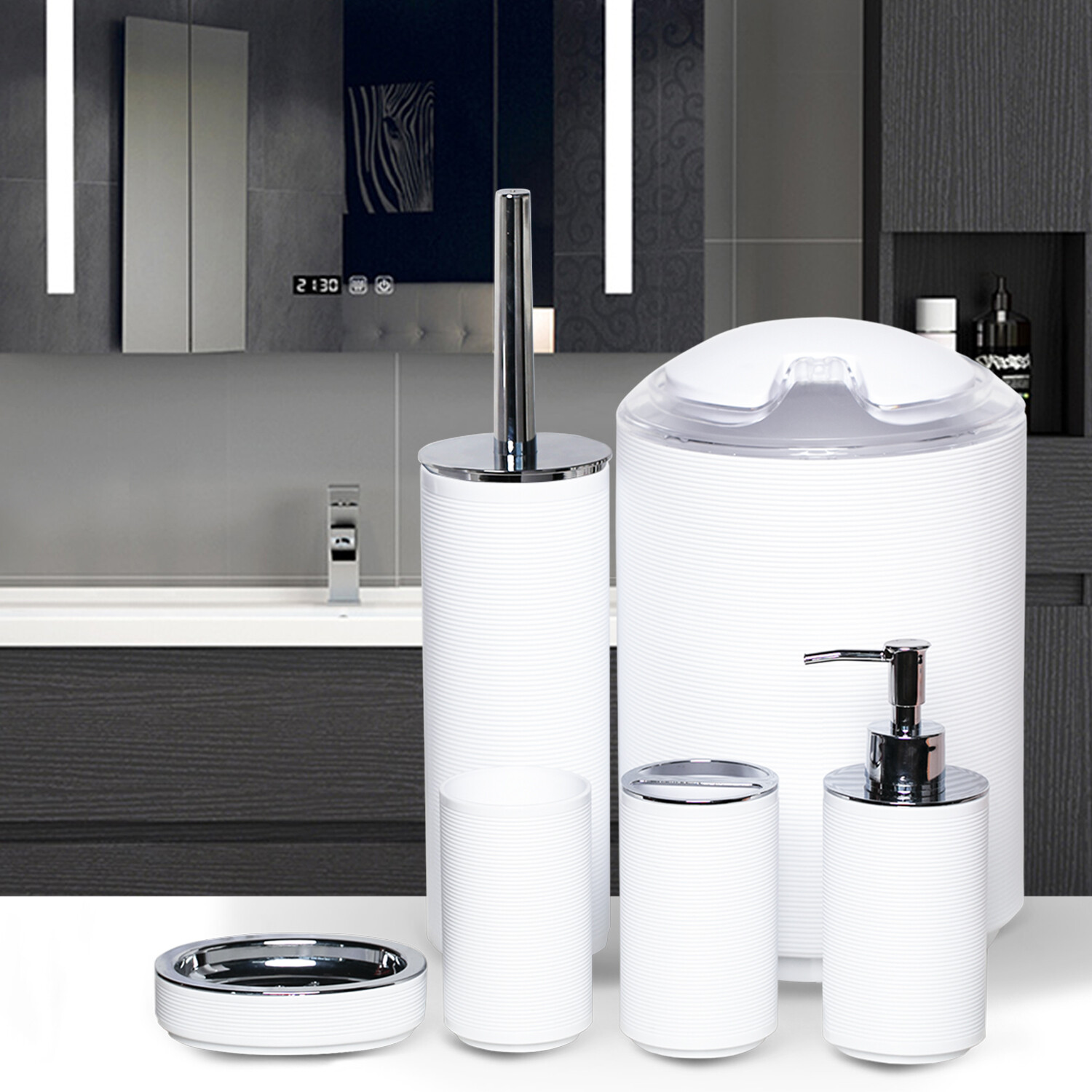Bathroom Accessories Set 6Piece Bath Ensemble Decorative Countertop White Thread
