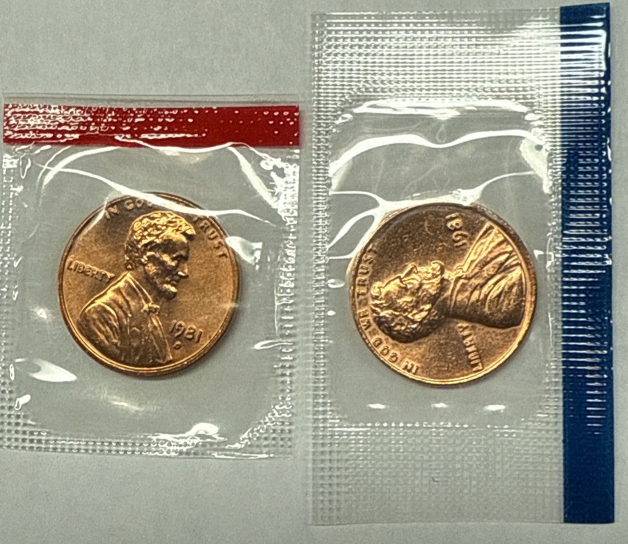 1981 P&D Lincoln Memorial Cents from Mint Set in Mint Cello with Free Shipping
