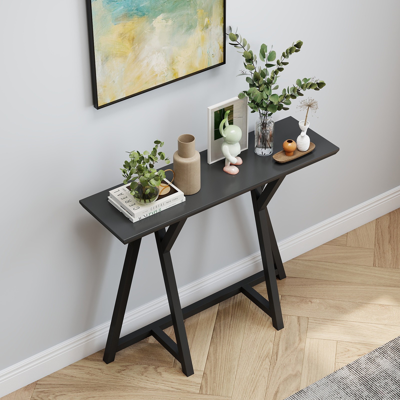 Black Console Table, Triangle Structure Design Sofa Table for Living Room