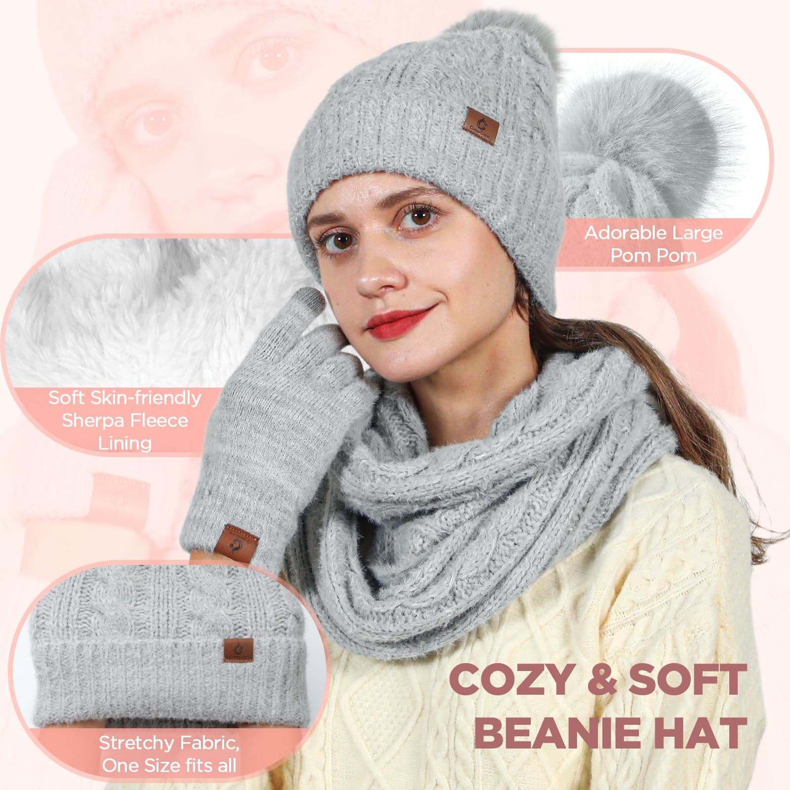 Womens Beanie Hat Infinity Scarf Touchscreen Gloves Fleece Medium, Grey