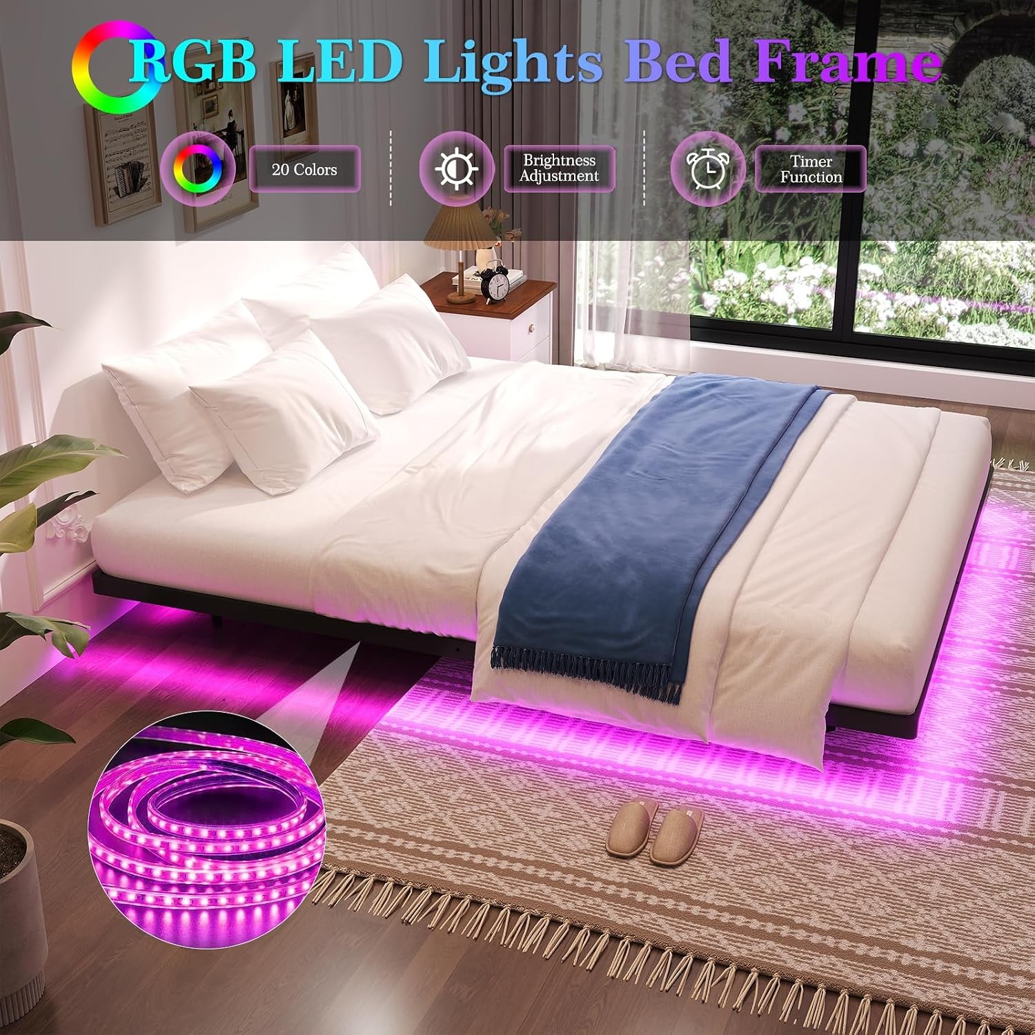 Floating Bed Frame Queen Size Queen Bed Frame with Smart LED Lights