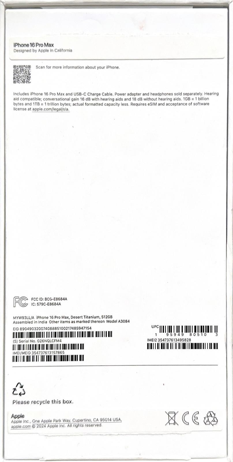 Original Apple Empty Box for iPhone 16 Pro Max, Desert Titanium