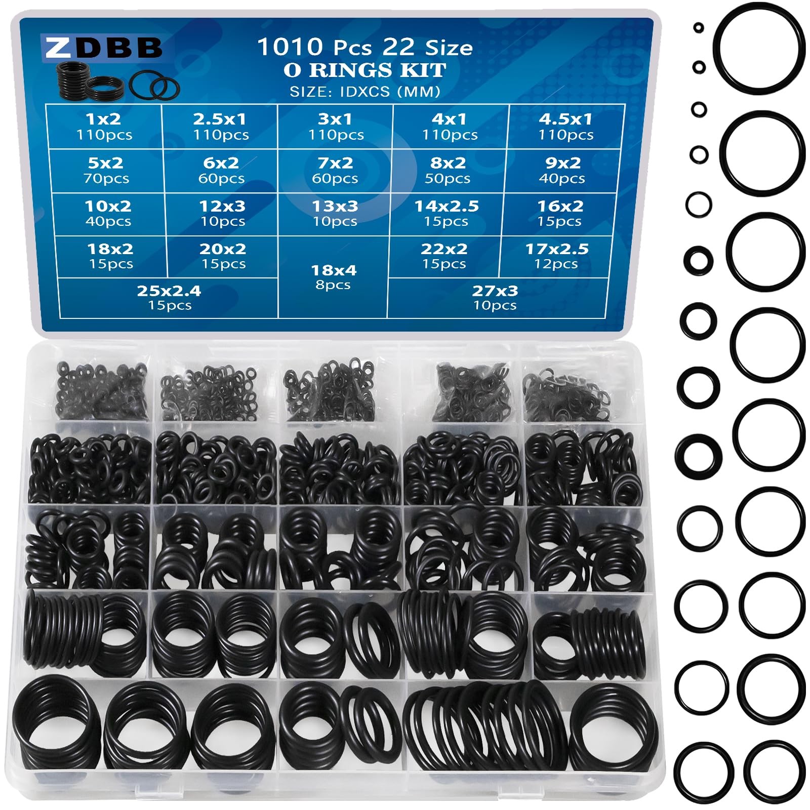 1010Pcs Rubber O Rings Kit 22Size Universal O-Ring Assortment Set for Automotive