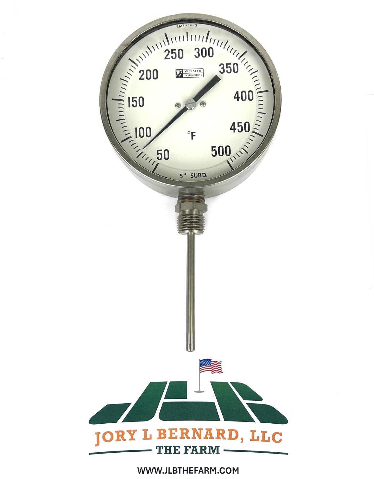 WEKSLER, BM5-14-3, 5" BIMETAL THERMOMETER, 1/2" NPT, 4" STEM, 50-500 F, SST, NEW