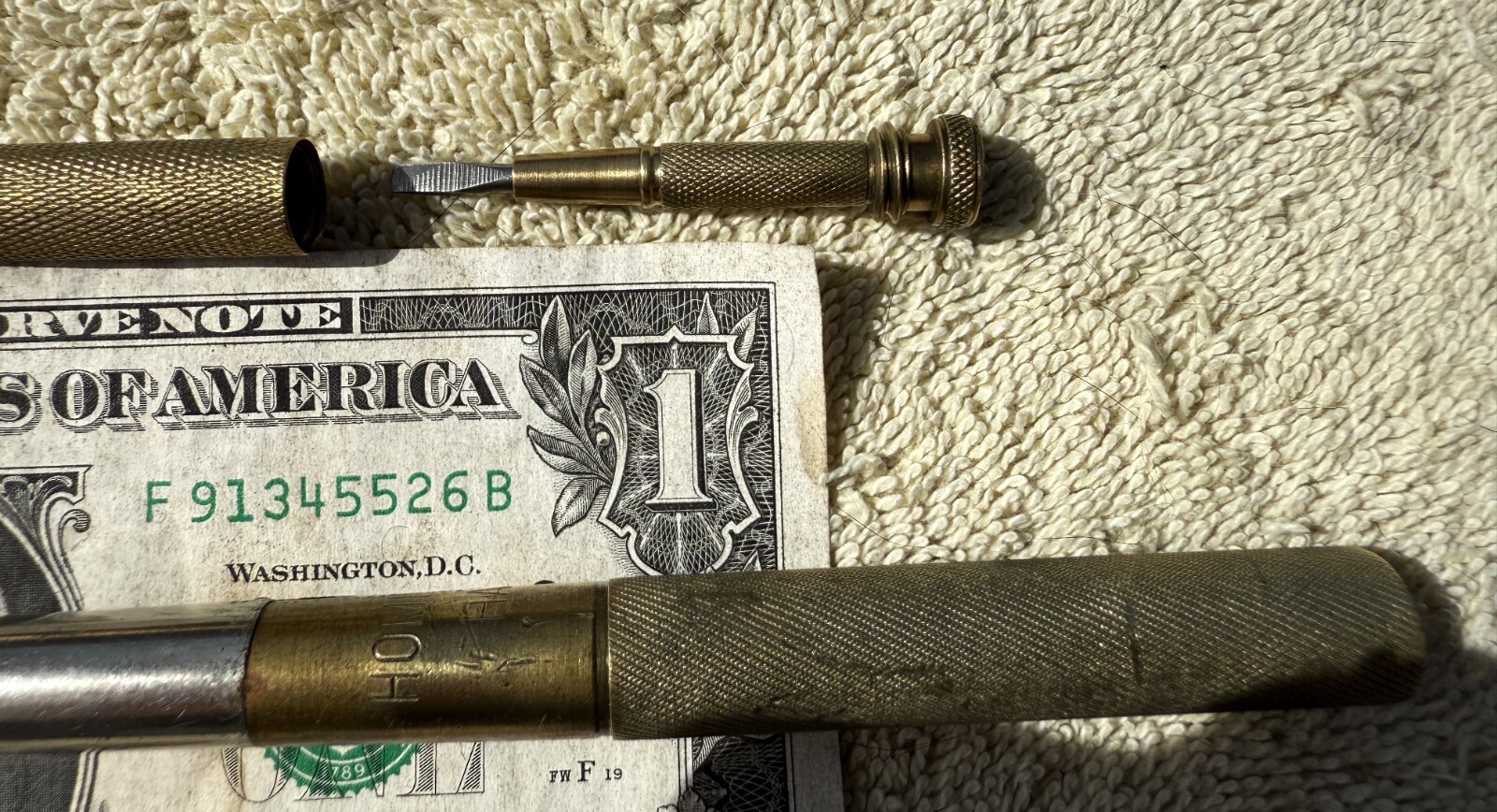 VINTAGE HOME HOBBY HAMMER AND BRASS NESTING SCREWDRIVER AS PICTURED