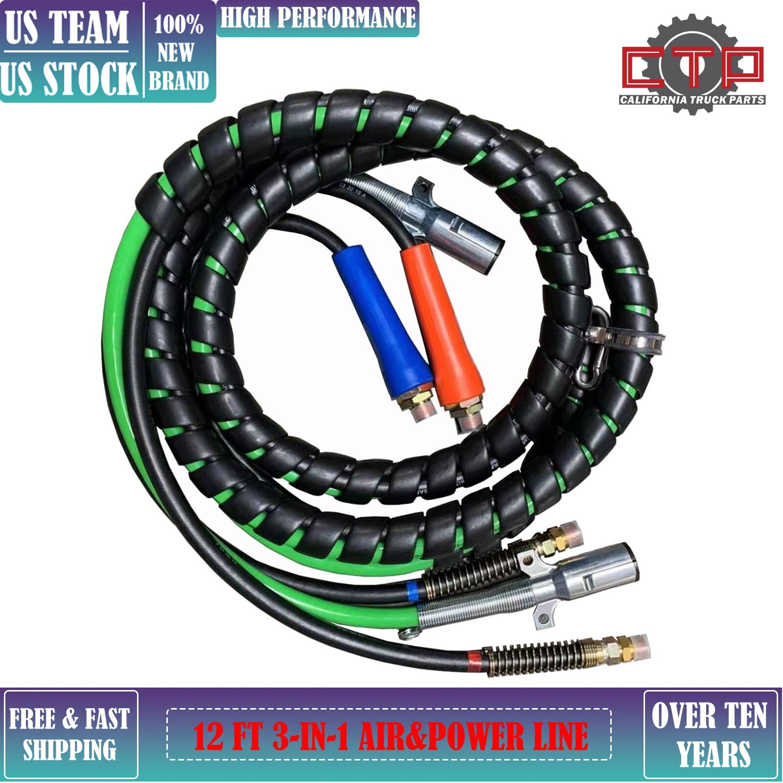 12 FT 3-in-1 Power & Air Line  for Truck & Trailer Wrap ABS Cord And Air Hoses