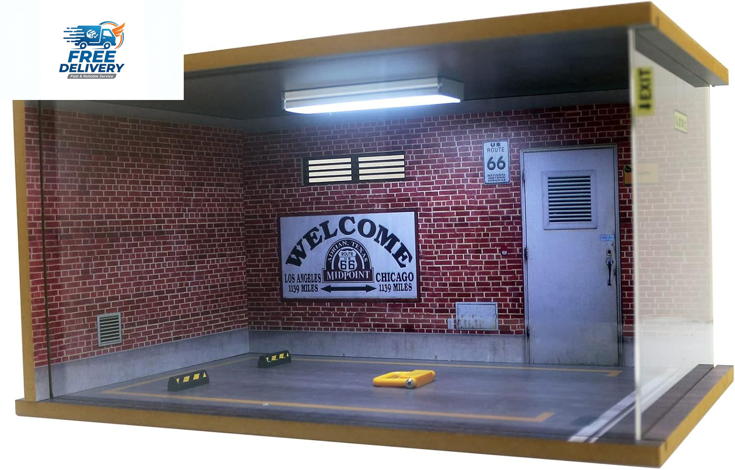 1/18 Scale Model Car Display Case LED Light Route 66 Clear Acrylic Dustproof Box
