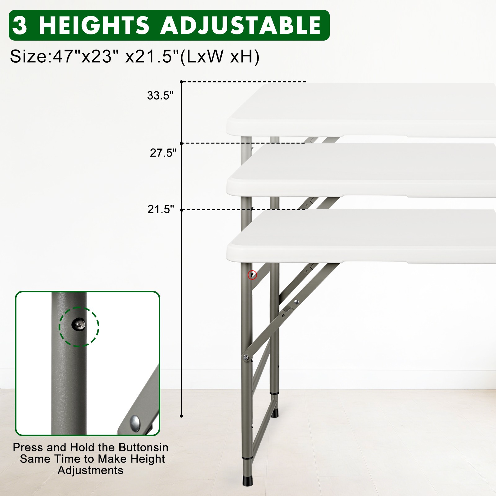 Folding Table Adjustable 4FT Plastic Table Picnic Camping w/Carry Handle White