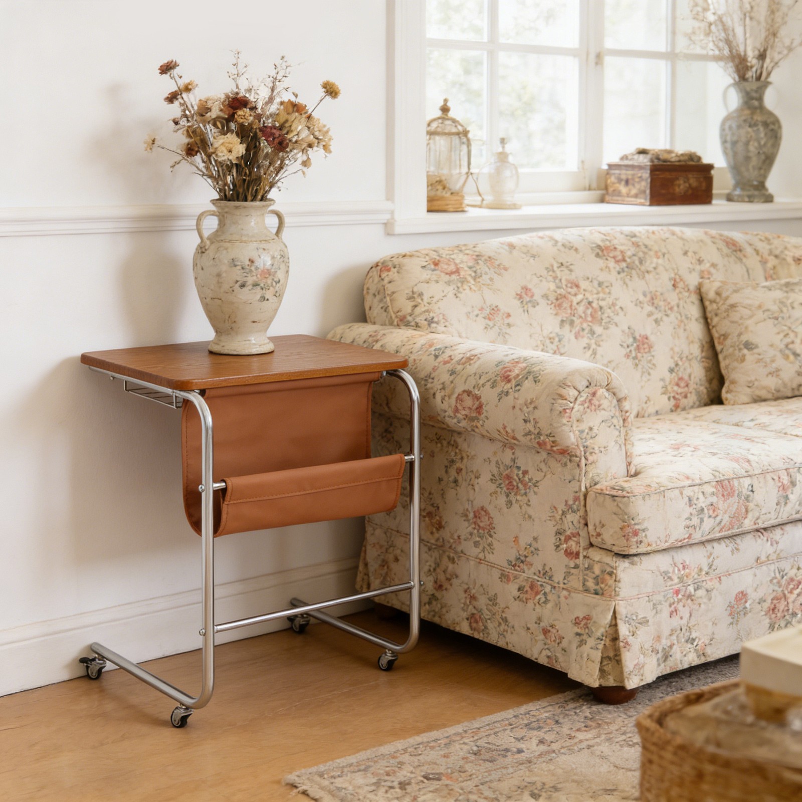 C-shaped End Table With Universal Wheels Sofa Side Table With Pu Storage Bag