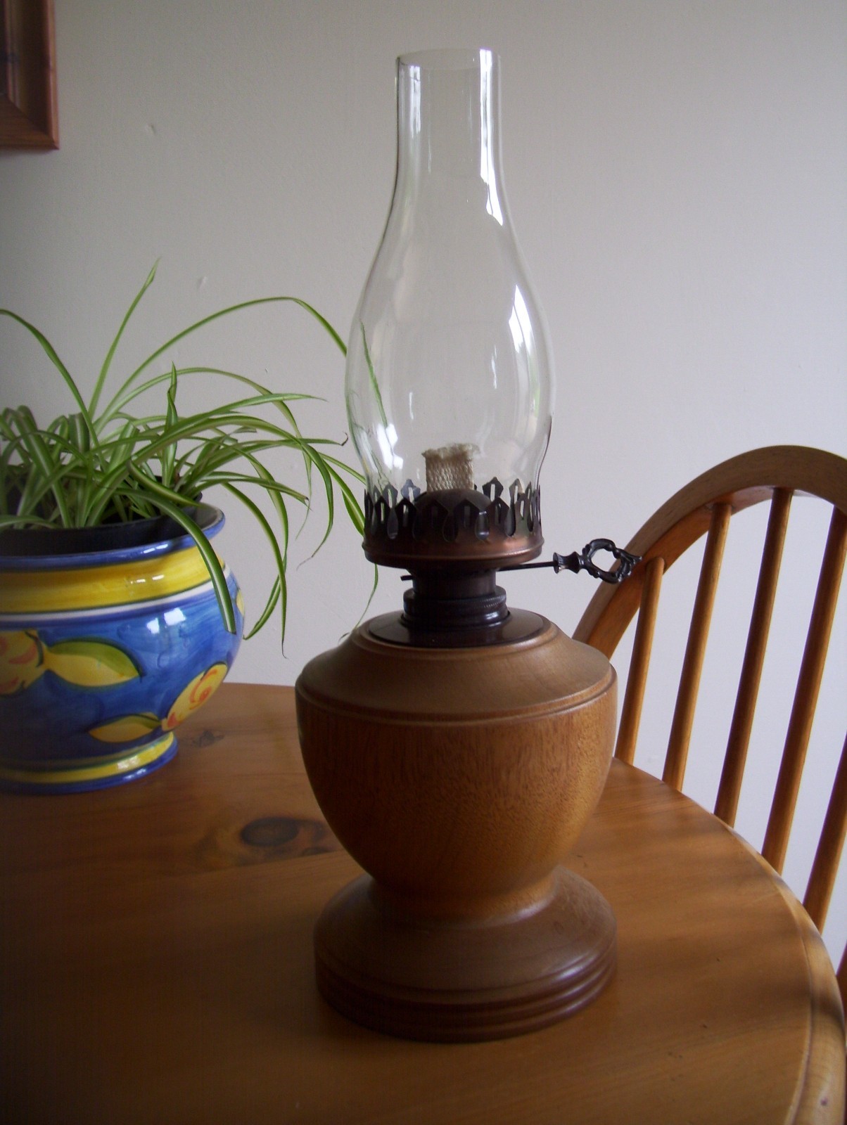 SUPERB TURNED WOOD BODY OIL LAMP-NEVER USED.