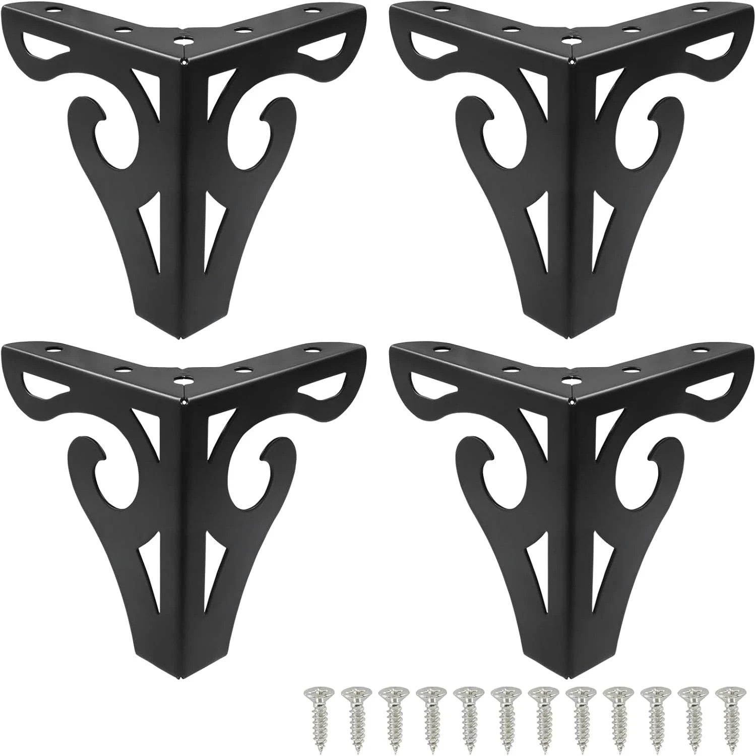 4 Inch Hollow Out Furniture Legs Set of 4, Black Artistic Metal Sofa Cabinet Leg