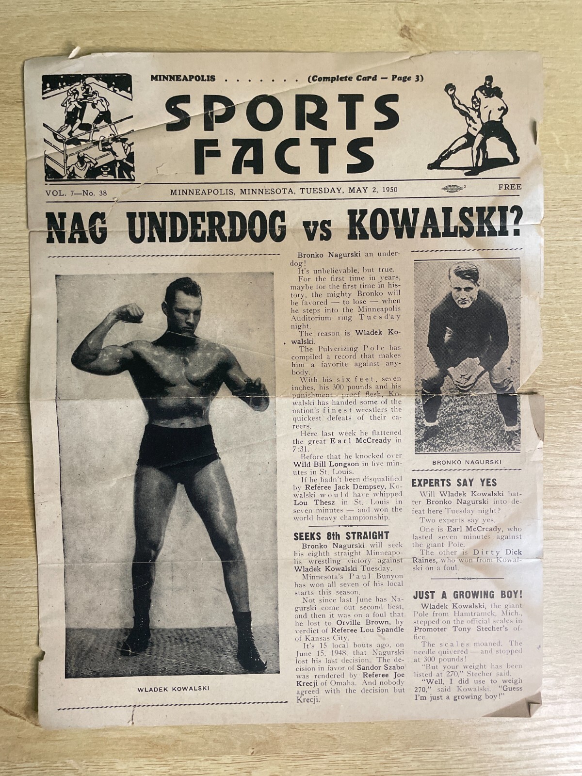 Sports Facts May 2, 1950 Nagurski Vs. Kowalski Wrestling Program B2442