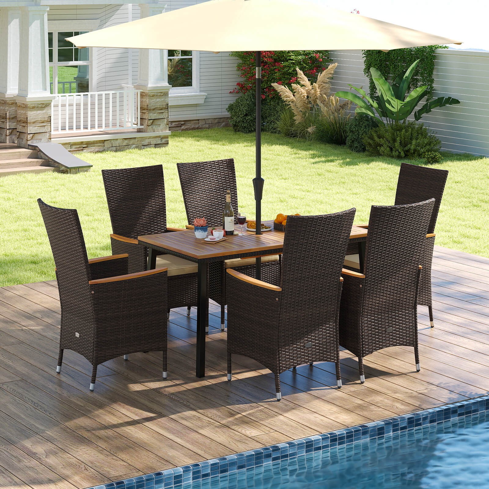 7PCS Outdoor Patio Wicker Armchairs Acacia Wood Table w/Umbrella Hole,  Cushions