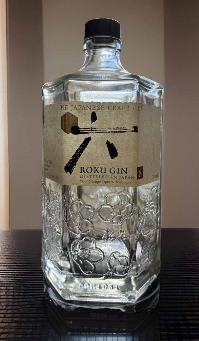 Suntory Roku Japanese Gin Empty Hexagon Bottle Embossed Floral Botanical W/Cap