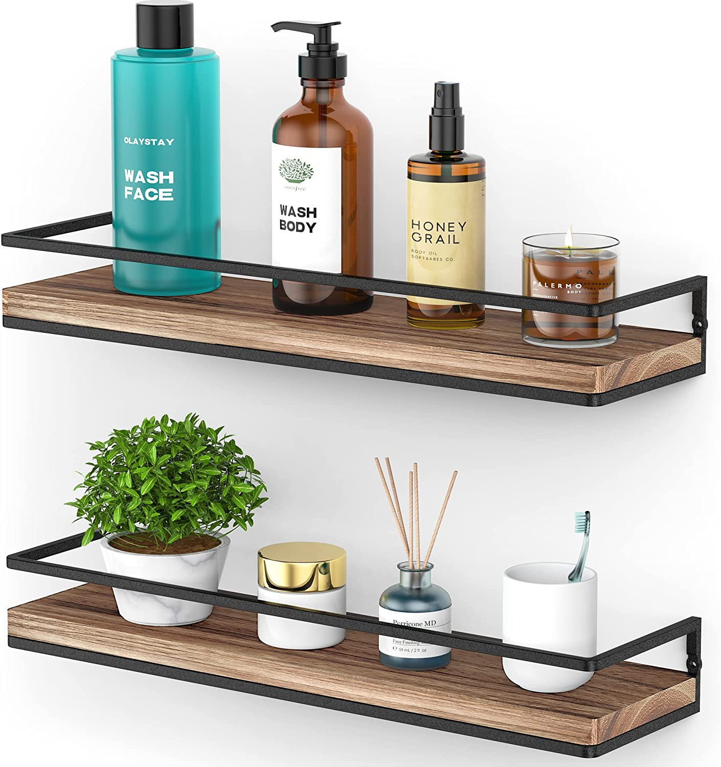Floating Shelves Wall Mounted Set of 2, Rustic Wood Wall Storage Shelves for Bed