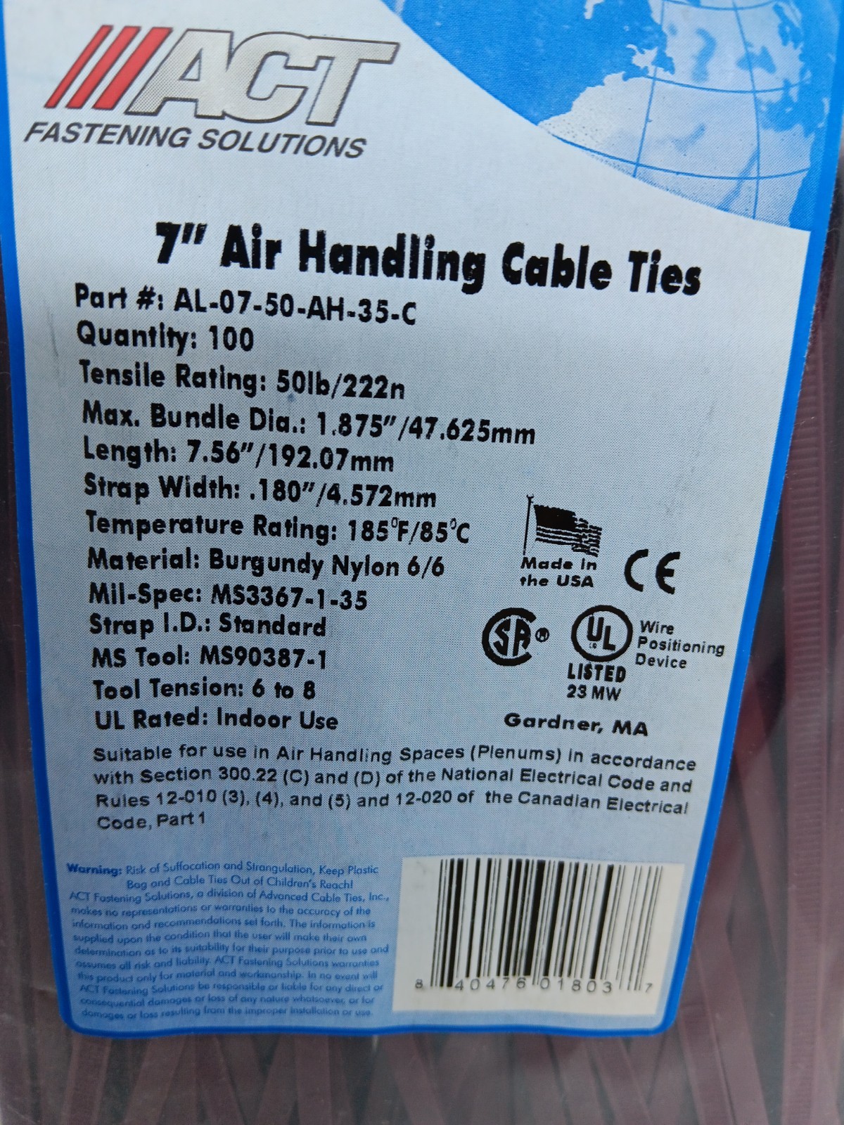 7 Inch Air Handling Nylon Rred Plenum Rated Cable Ties / Zip Ties / Ty Raps