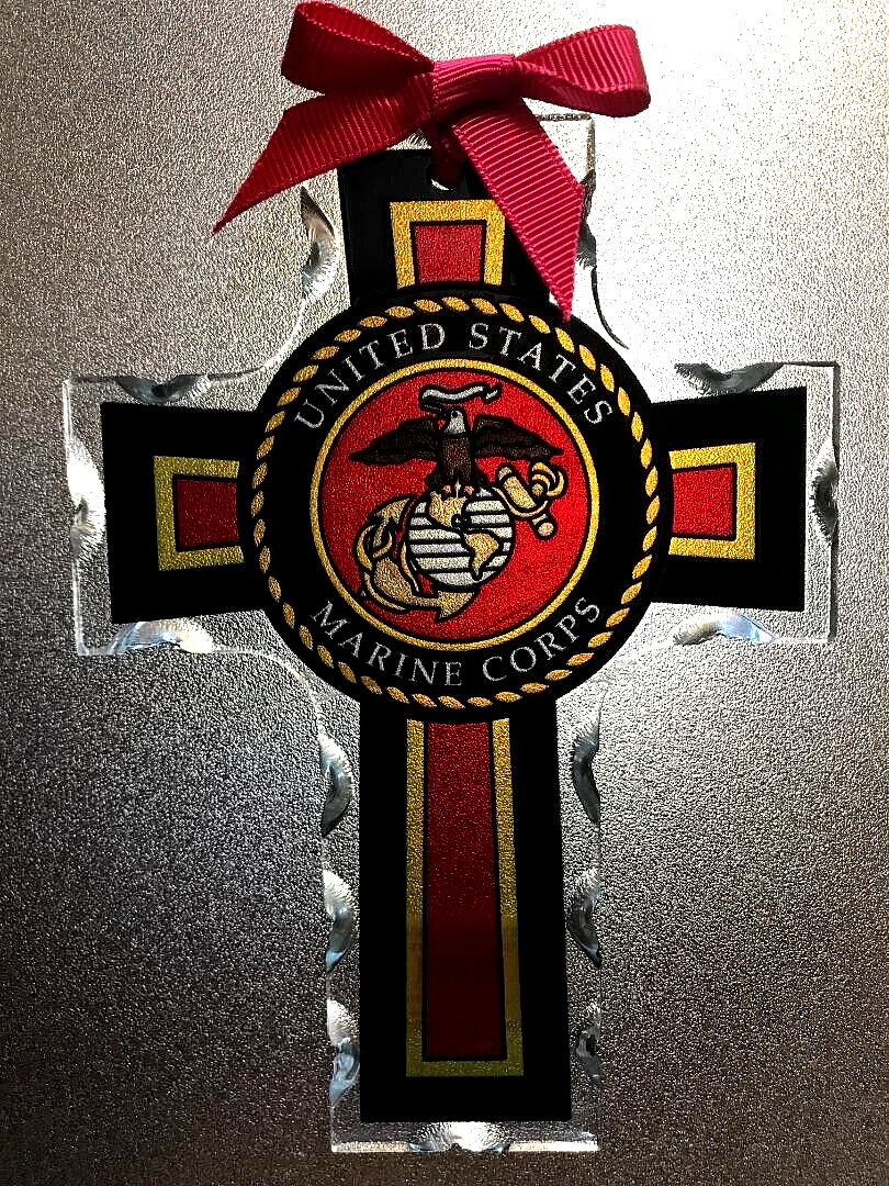 Set of 2 Hand painted art glass window hanger US Marine Corps Crosses New
