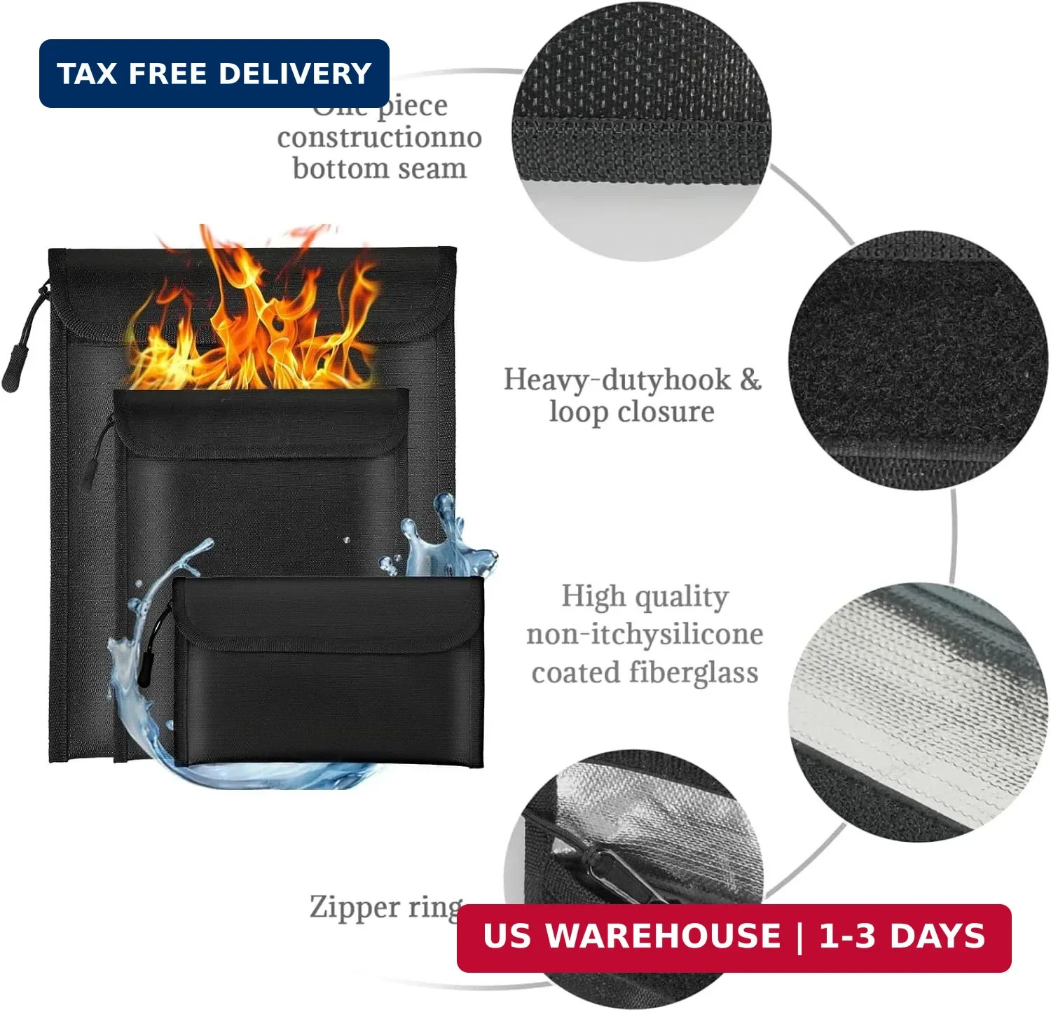 Fireproof Waterproof Document Bag 3-Pack Black 2000℉ Money Bag for Cash Passport
