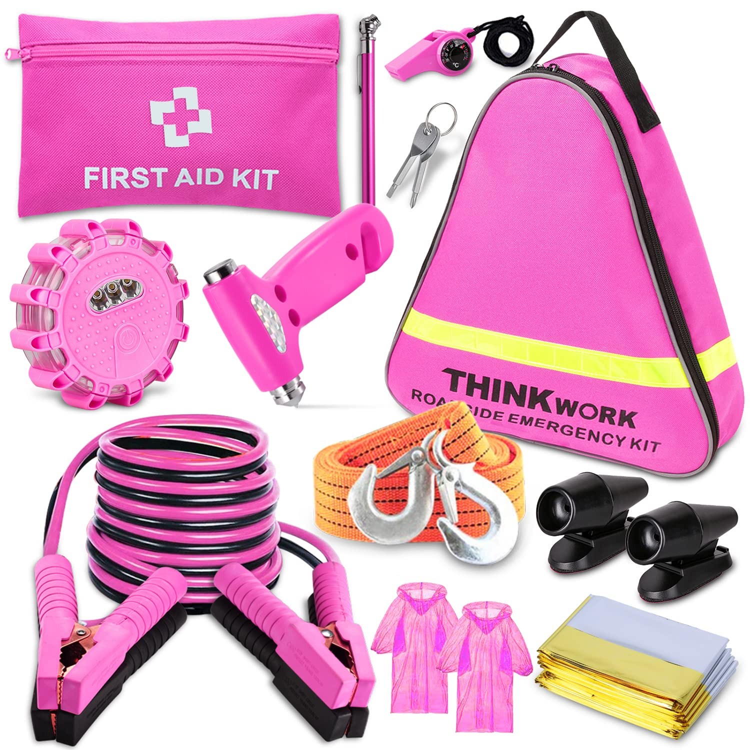 THINKWORK Car Emergency Kit for Teen Girls and Lady's Gifts, Pink 54PCS, pink