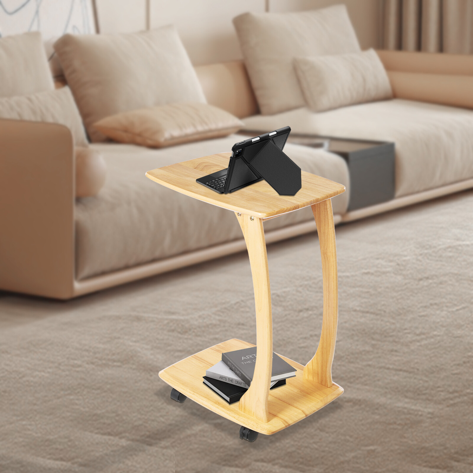 C-Shaped Side Table Floor Standing Solid Wood End Table With Wheels 24.8 inches