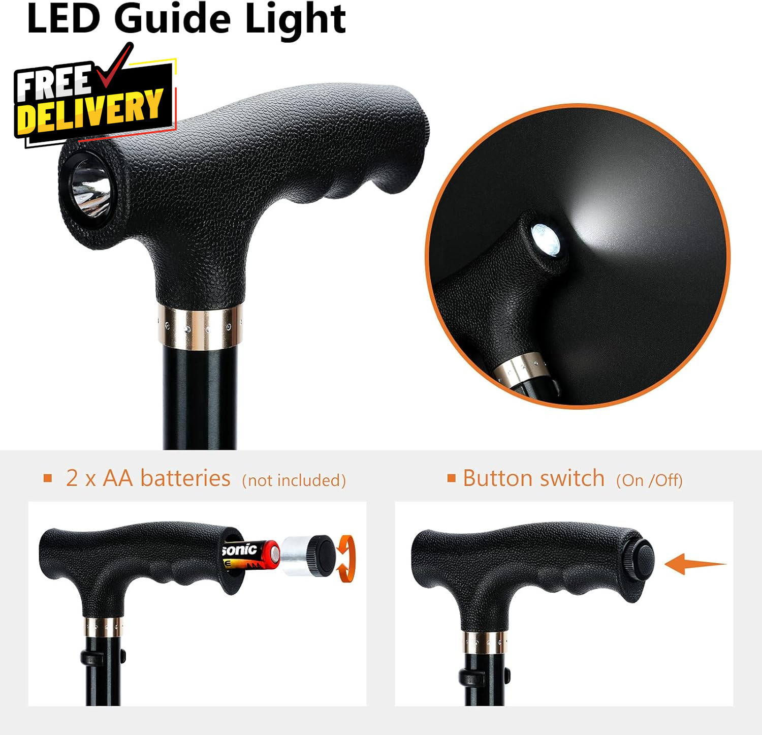 Folding Walking Cane with LED Light for Women & Men Foldable Adjustable Collap..