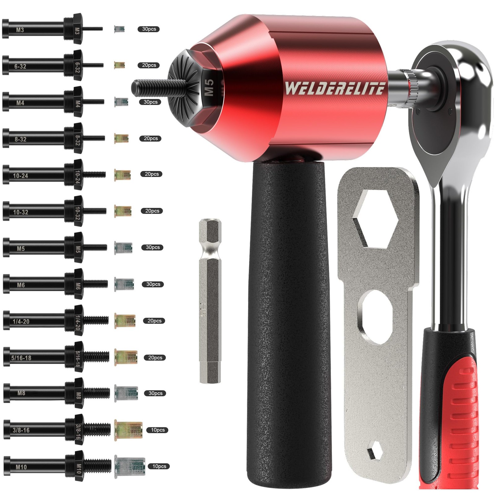 WelderElite Rivet Nut Drill Adaptor Tool Kit Contains 290 Nuts and red