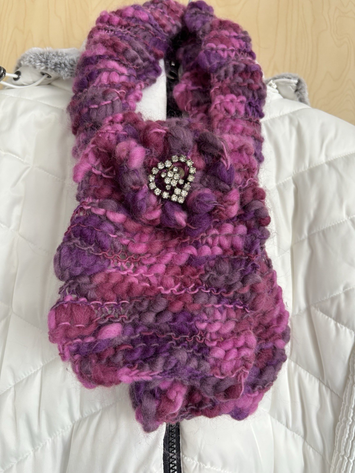 Handmade Knit Scarf W/Vintage Rhinestone Brooch In Flower Old Money Boho 36x5”