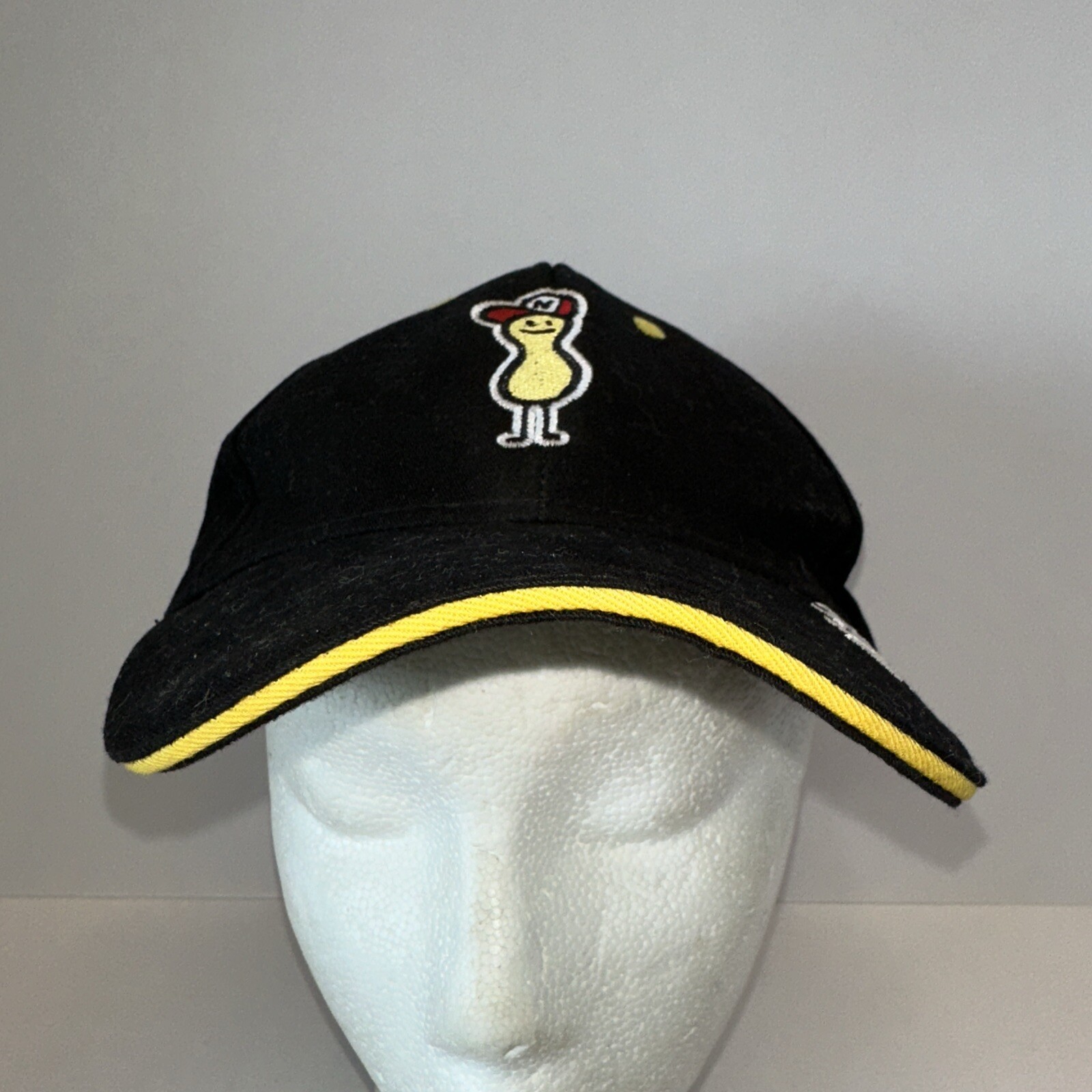 Nuts.Com Black Hat Cap Hoop Loop Yellow Bill Edge Peanut on Front OSFA