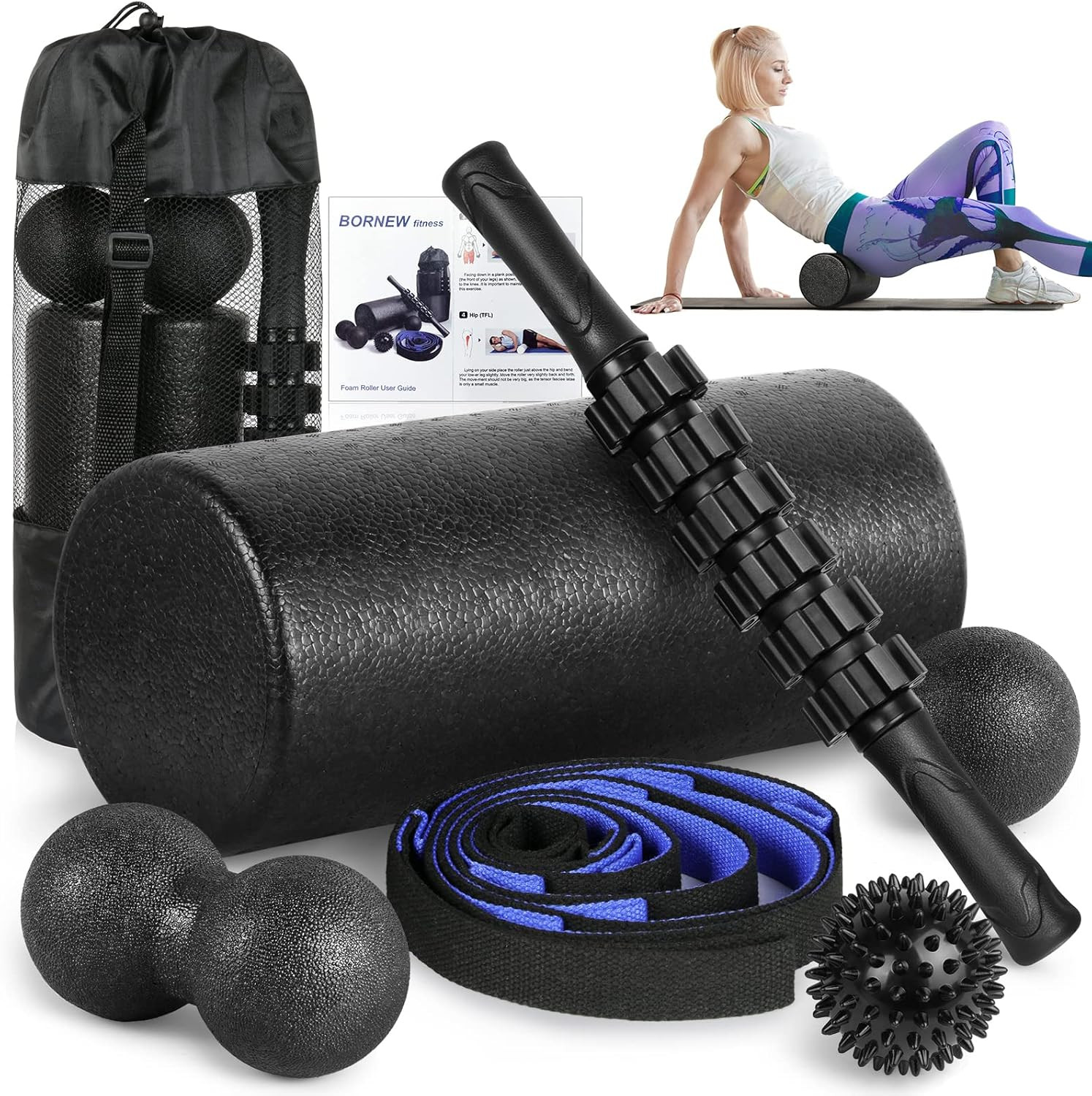 Foam Roller Set High Density Back Stick Foot Ball Strap Massage for Body Therapy
