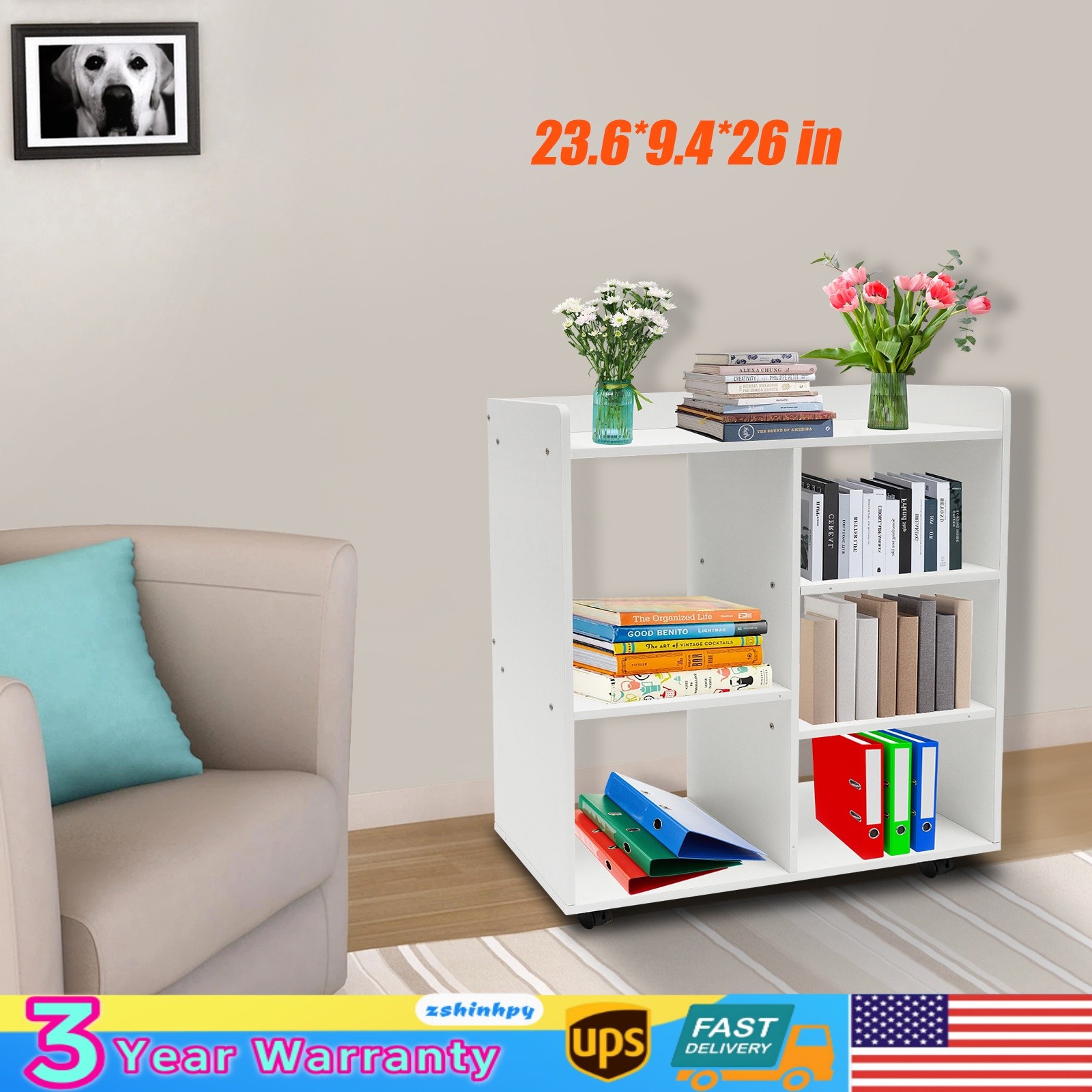 23.6*9.4*26 in Warm White Filing Cabinet Storage Shelf Mobile Printer Stand