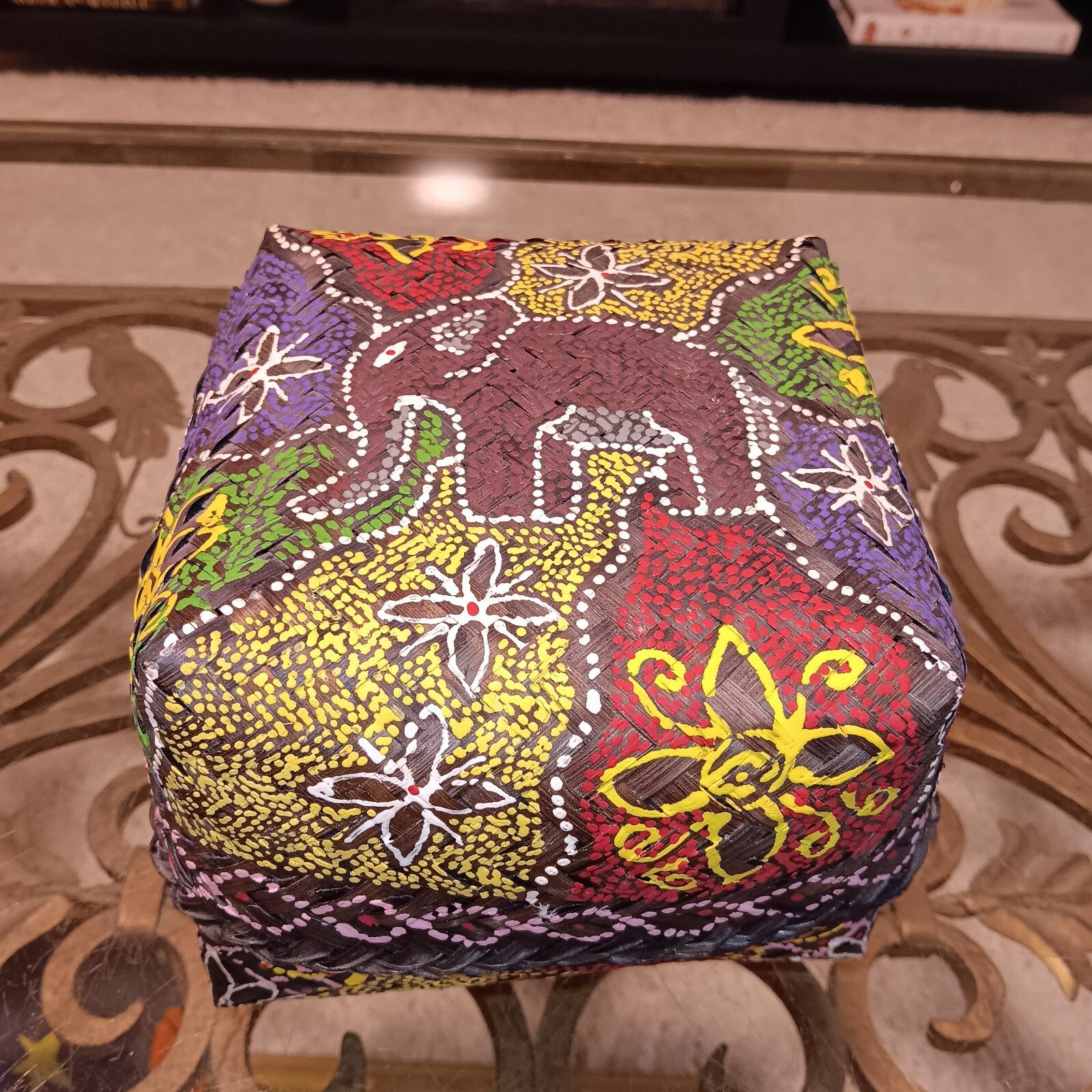 Pier 1 Hand Painted Bamboo Elephant Box Trinket Storage Decorative NWT