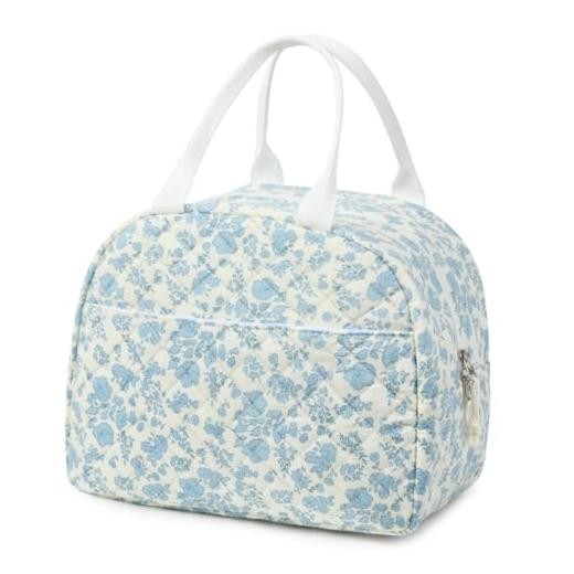 Lunch Box for Women Quilted Insulated Lunch Bag Tote Standard Size Blue Flower