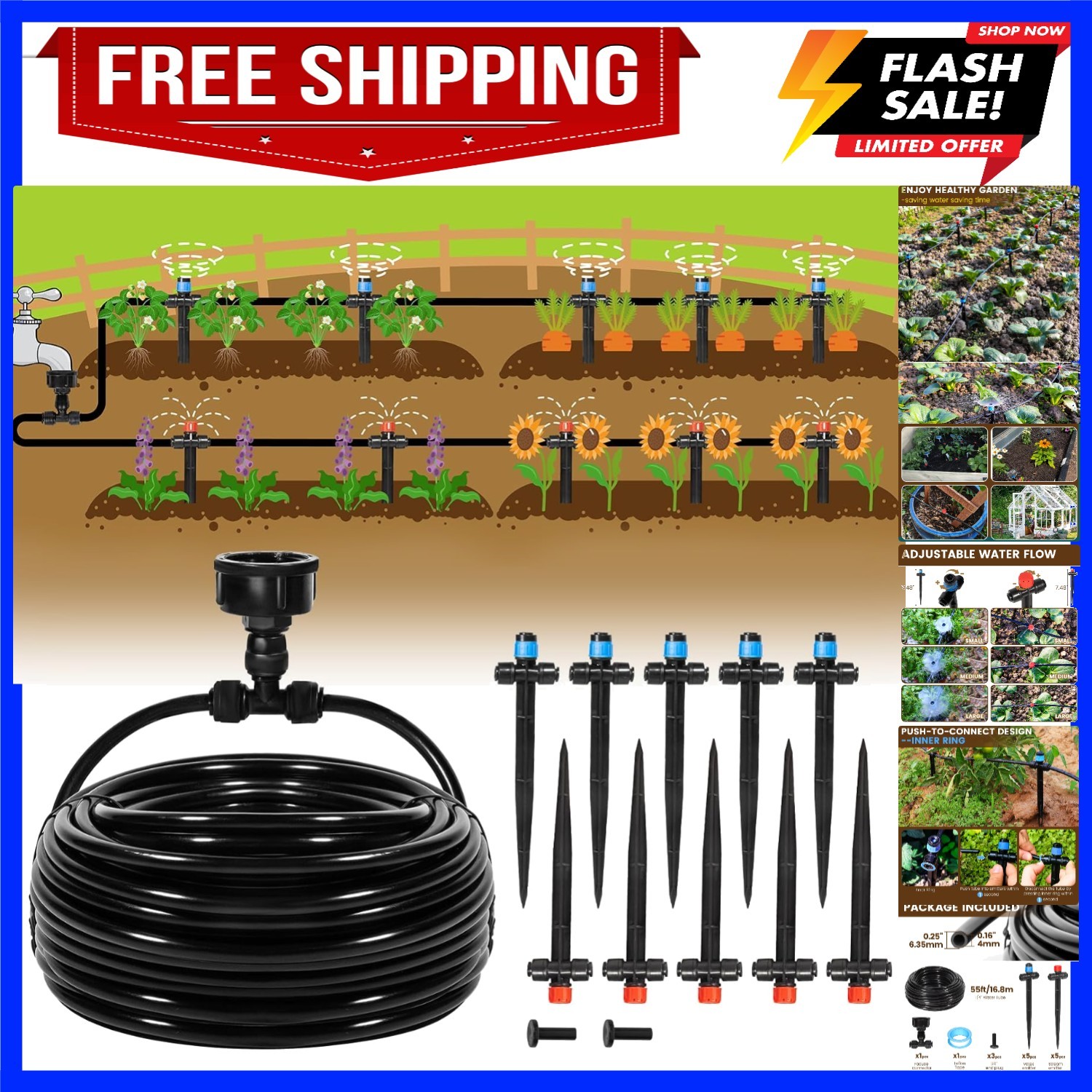 55FT Quick-Connect Drip Irrigation Kit, Garden Watering System DIY Automatic ...