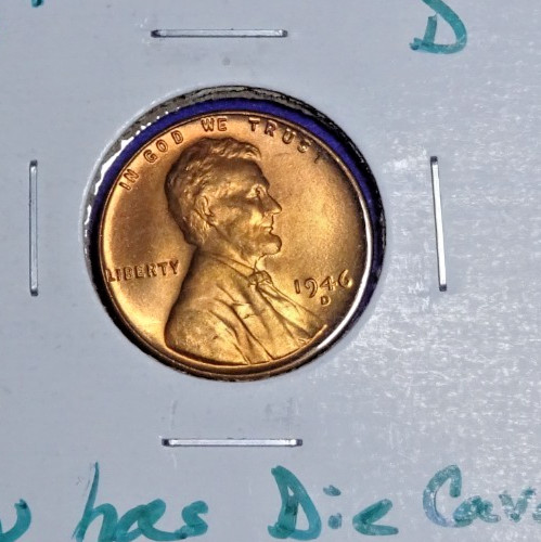 1946-D LINCOLN CENT RED W/MINT LUSTER BU REVERSE DIE CAVE  "U-GRADE" NICE!! 18.5