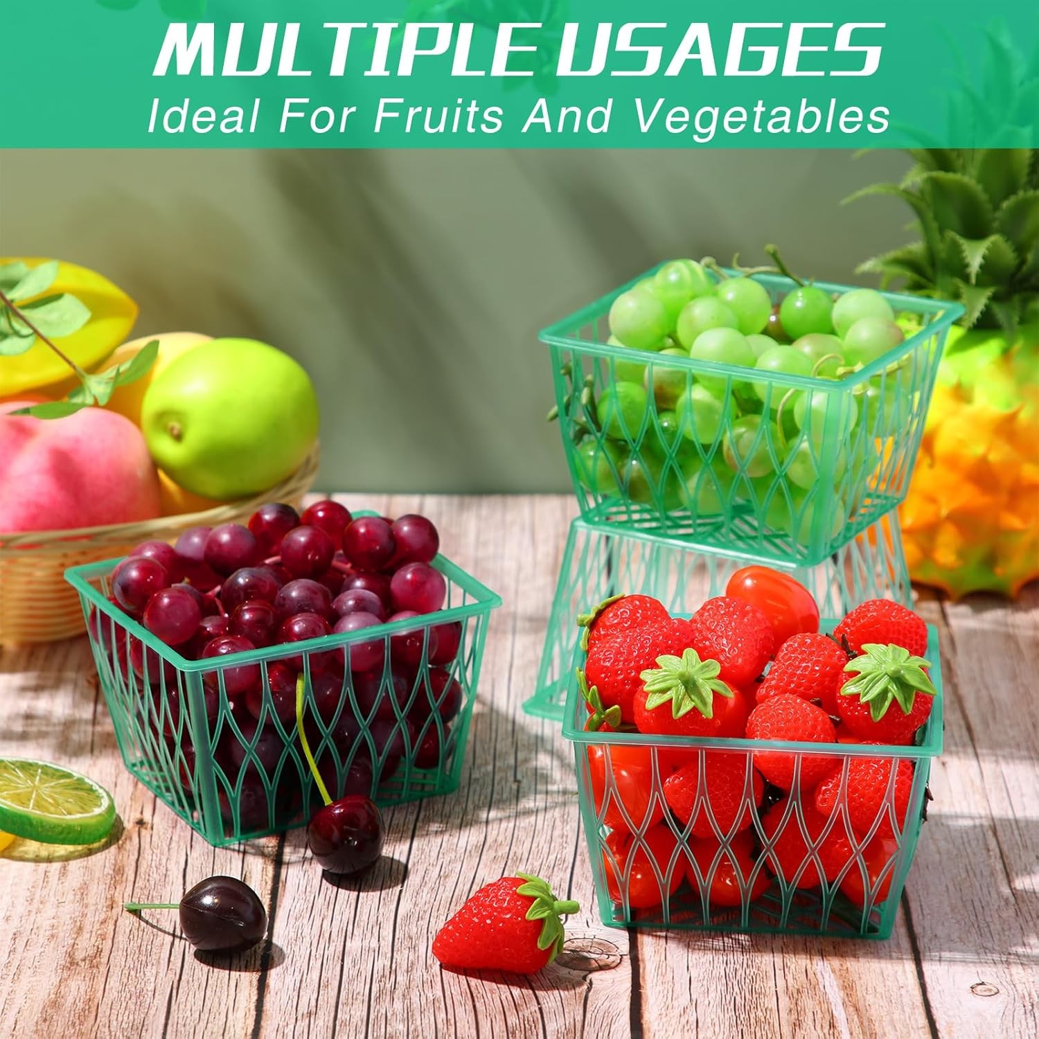 100 Pcs Pint Size Plastic Berry Baskets Boxes Green Strawberry Basket with Open