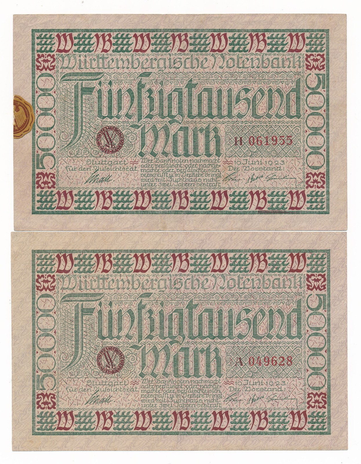 Germany 50,000 Mark Württembergische Notenbank 1923 Stuttgart P. S984 - 2 Notes